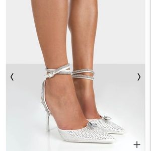Public desire Glisten White Sparkly Diamante Wrap Around Pointed Toe Court Heels